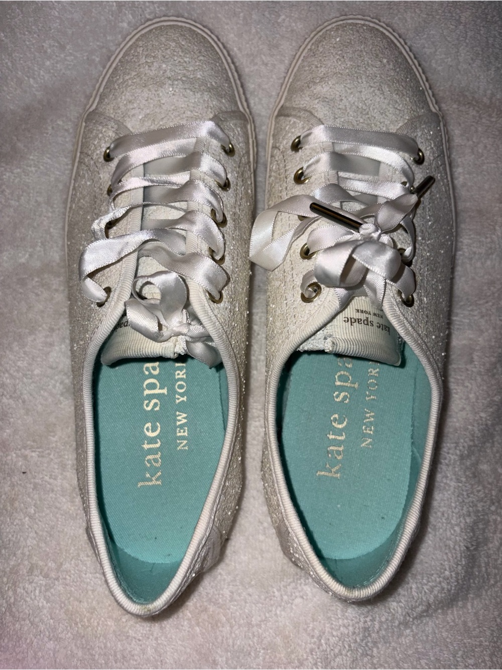 kate spade White Glitter Satin-Lace Sneakers